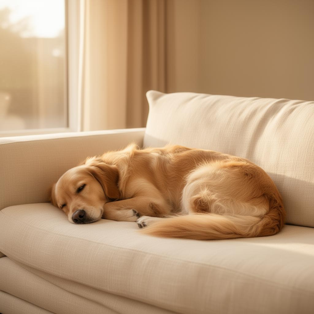 A calm golden retriever resting peacefully in a sunlit living room