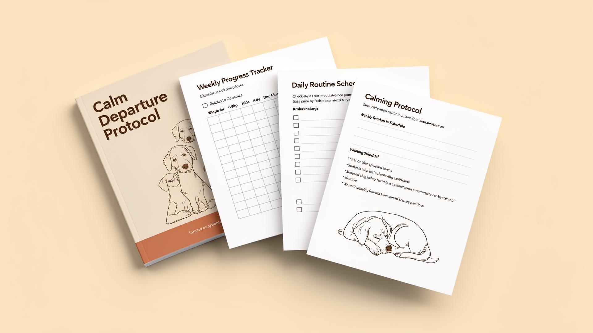 Stillhound digital guide preview — calm departure protocol, weekly tracker, routine schedule, and calming protocol pages