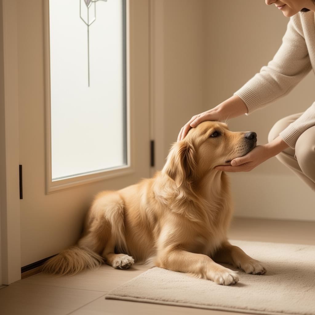 Owner gently calming a dog by the door